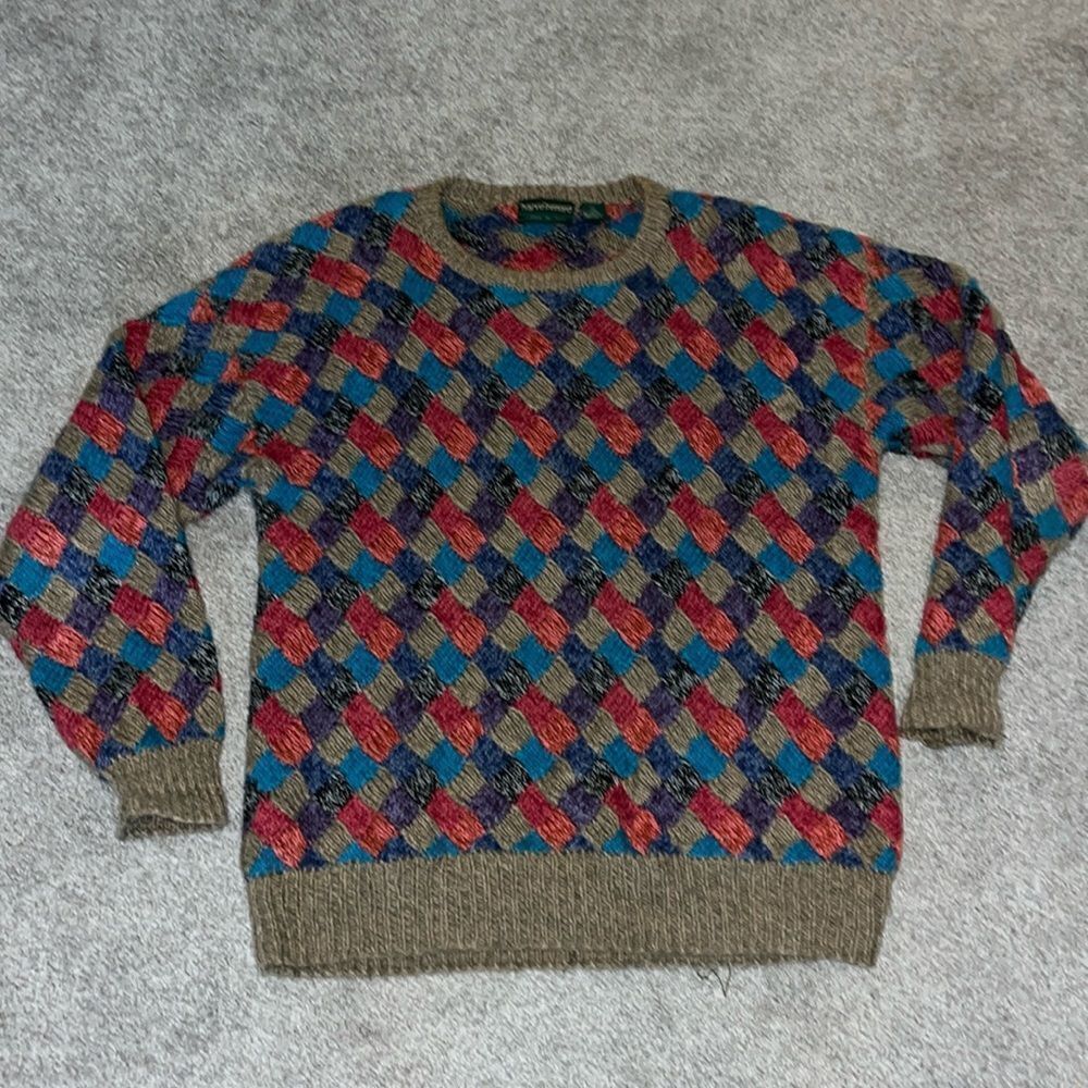 Harve Benard Rainbow Colors Diamond Hand Knit Crewneck Cotton/Ramie Sweater XL
